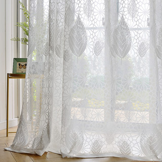Autumn Days White Geometric Lines And Leaf Design Sheer Net Curtain