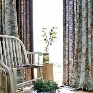 French Country Retro Blue and Brown Magpie Bird Fern Floral Curtain Drapes 4