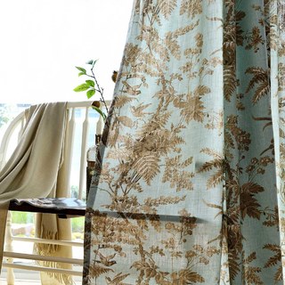 French Country Retro Blue and Brown Magpie Bird Fern Floral Curtain Drapes 5