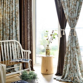French Country Retro Blue and Brown Magpie Bird Fern Floral Curtain Drapes 3