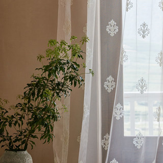 Neoclassical Damask Ivory White Embroidered Sheer Curtain