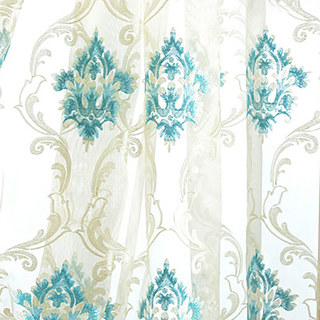 Luxury Damask Turquoise Teal Blue Embroidered Sheer Curtain