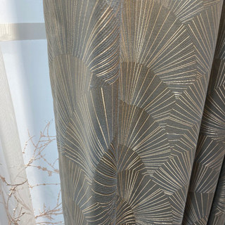 Ginkgo Leaves Art Deco Geometric Blue Gray Curtain with Gold Stripes 3