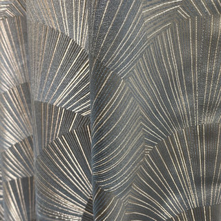 Ginkgo Leaves Art Deco Geometric Blue Gray Curtain with Gold Stripes 1