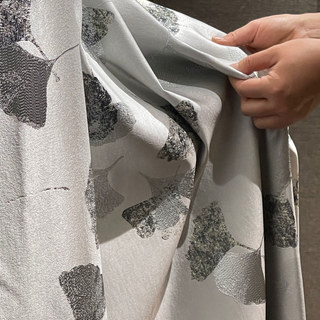 Asian Grove Luxury Jacquard Ginkgo Leaf Patterned Silvery Gray Curtain Drapes with Gold Details