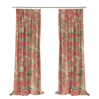 Birds & Blossoms Chinoiserie Coral Red Floral Velvet Curtain