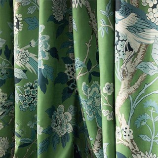 Birds & Blossoms Chinoiserie Blue & Green Floral Velvet Curtain 2