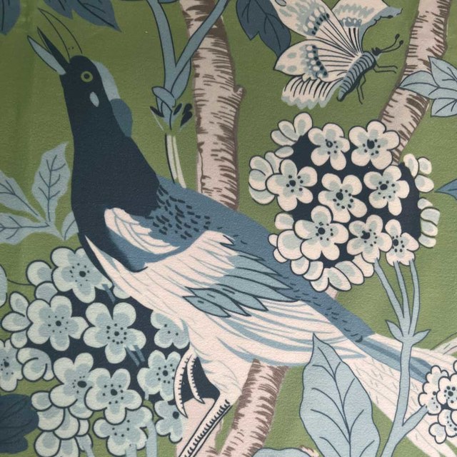 Birds & Blossoms Chinoiserie Blue & Green Floral Velvet Curtain 1