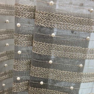 Gray Ombre Sheer Curtain With Gold Horizontal Stripes and Pearls 6