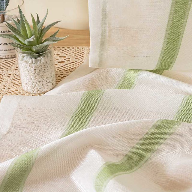 Sol Ivory White Textured Green Striped Heavy Sheer Curtain 1