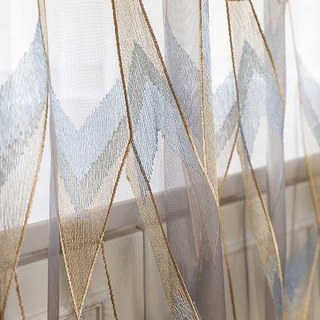 Geometrica Embroidered Sparkling Blue Gold & White Sheer Curtain 5