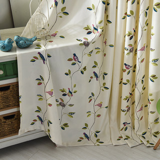 Misty Meadow Floral and Bird Duo Textured Print Curtain