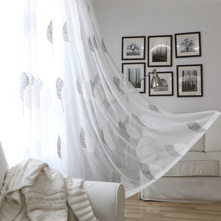 Banyan Leaves Embroidered Gray & White Sheer Curtain 2