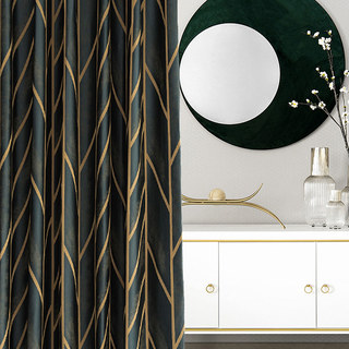 Herringbone Dark Green & Gold Geometric Blackout Curtain 5