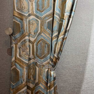 Honeycomb Luxury Jacquard Hexagon Geometric Turquoise Blue & Metallic Gold Curtain 2