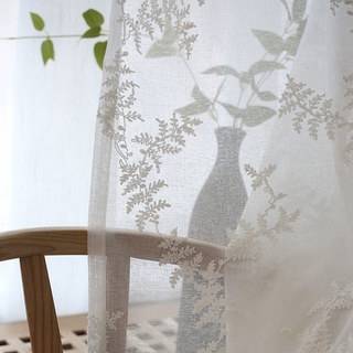 Embroidered Pine Tree Leaves White Floral Sheer Curtain 2