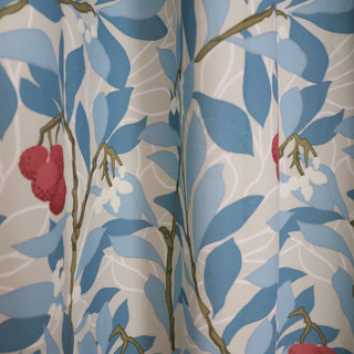 Arbutus Red Berries William Morris Blue Floral Velvet Curtain 2