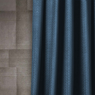 Scandinavian Basketweave Textured Denim Blue Velvet Blackout Curtain Drapes 2