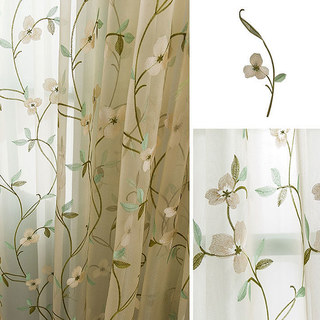 Fancy Pansy Green Leaf Embroidered Cream Sheer Curtain 7