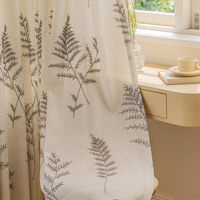 Embroidered Leaf Linen Cotton Blend Curtain