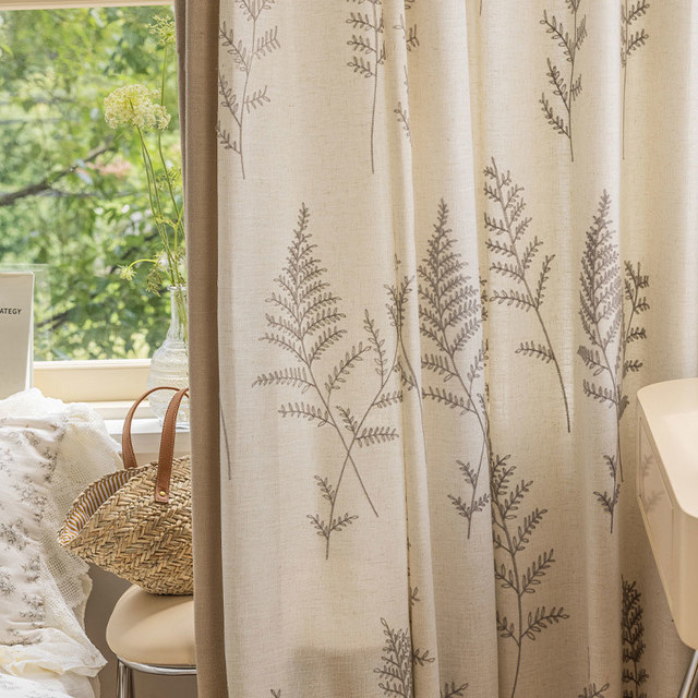 Embroidered Leaf Linen Cotton Blend Curtain