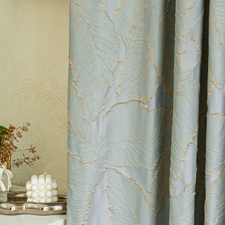 Paradise Luxury 3D Jacquard Tropical Leaves Pastel Blue Curtain with Gold Details
