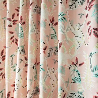 Jungle Mingle Monkey and Parrot Pink Floral Velvet Curtain