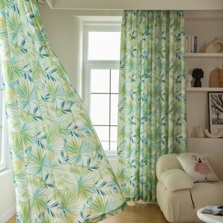 Palm Delight Tropical Leaves Green Blue Curtain