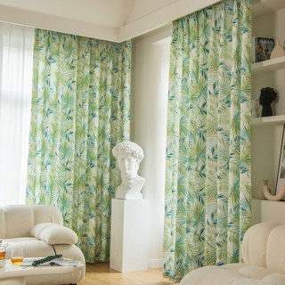 Palm Delight Tropical Leaves Green Blue Curtain 2