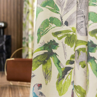 Verde Vista Tropical Leaves and Parrots Green Curtain