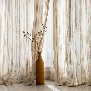Bliss Striped Cream Oatmeal Linen Style Sheer Curtain 1