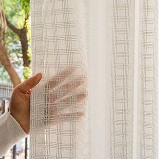 Ivory White Grid Check Linen Style Sheer Curtain 4