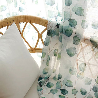 Misty Eucalyptus Green Leaf Watercolor Floral Sheer Curtains