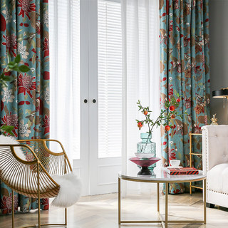 Summer Blooms Luxury Jacquard Teal Floral Blackout Curtain Drapes