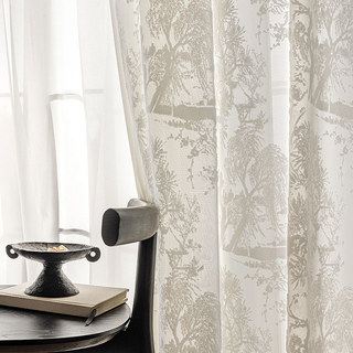 Whipersing Willow Chinoiserie Cut Velvet Ivory White Floral Heavy Sheer Curtain