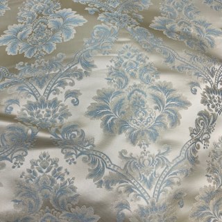 Elite Cream & Blue Faux Silk Damask Floral Curtain