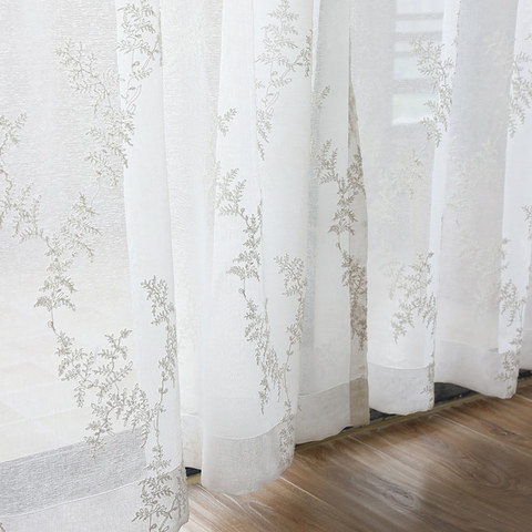 Embroidered Pine Tree Leaves White Floral Sheer Voile Curtain 1
