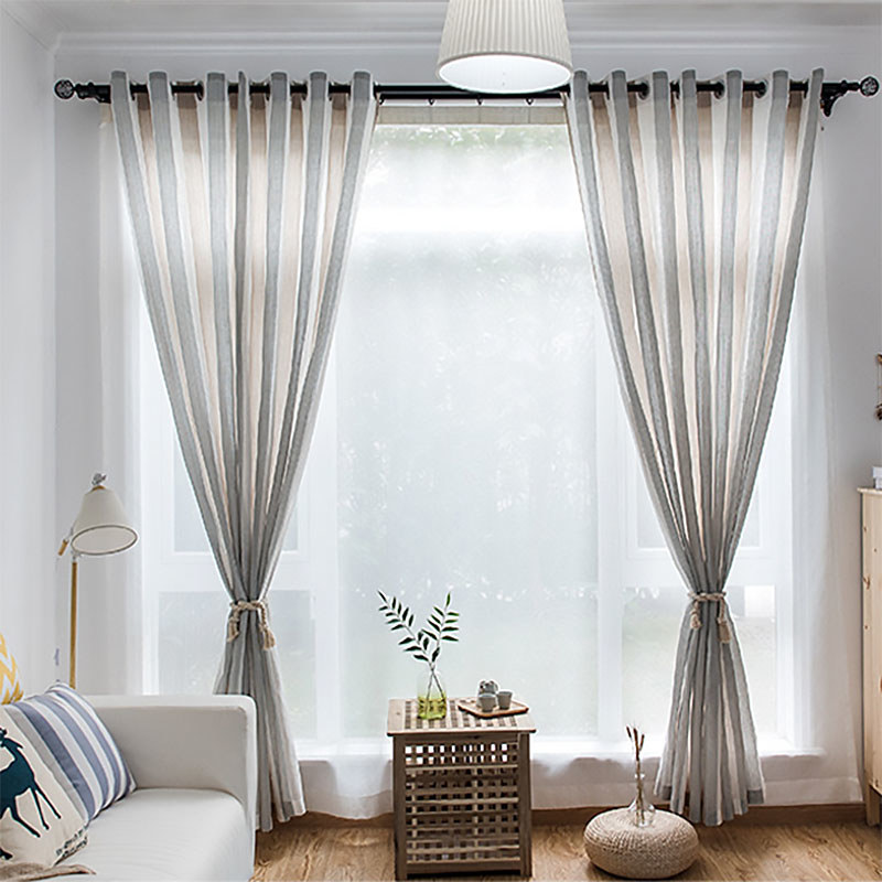 Sunnyside Luxury Linen Light Blue Grey Striped Voile Curtains