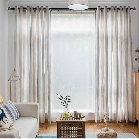 Sunnyside Luxury Linen Light Blue Grey Striped Voile Curtains 1