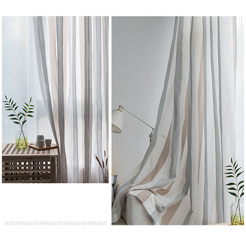 Sunnyside Luxury Linen Light Blue Grey Striped Voile Curtains