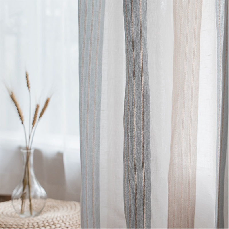 Sunnyside Luxury Linen Light Blue Grey Striped Voile Curtains