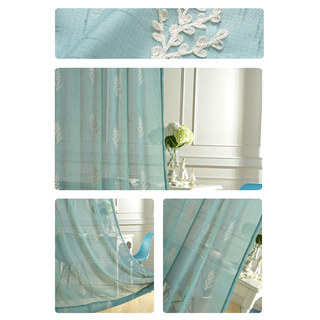 Trees of the Four Seasons Teal Blue Embroidered Sheer Voile Curtain 3