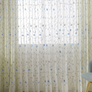 Floral Affairs Sky Blue Flower Embroidered Sheer Voile Curtain 5