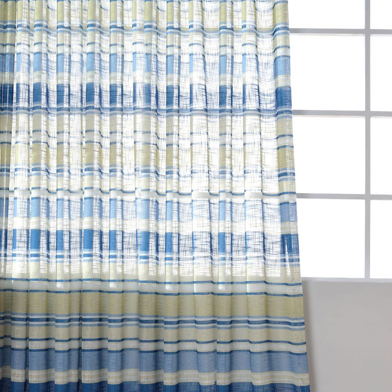 Beach Hut Blue and Yellow Horizontal Striped Semi Sheer Voile Curtain