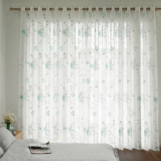Spring Bloom Blue Flowers and Branches Print Semi Sheer Voile Curtains 2