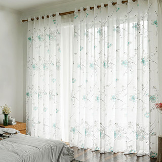 Spring Bloom Blue Flowers and Branches Print Semi Sheer Voile Curtains 3