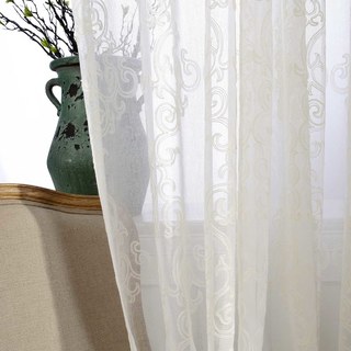 Demure Florals Damask Embroidered Ivory White Net Curtain