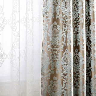 Demure Florals Damask Jacquard Blue Curtain 1