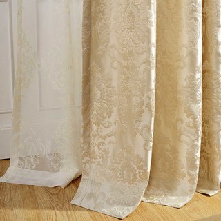 Demure Florals Damask Jacquard Gold Cream Curtain 1