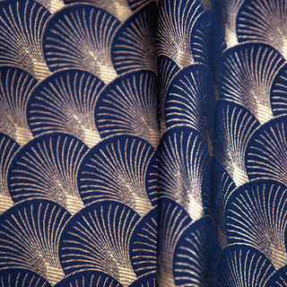 The Roaring Twenties Luxury Art Deco Shell Pattern Navy Blue & Gold Geometric Curtain